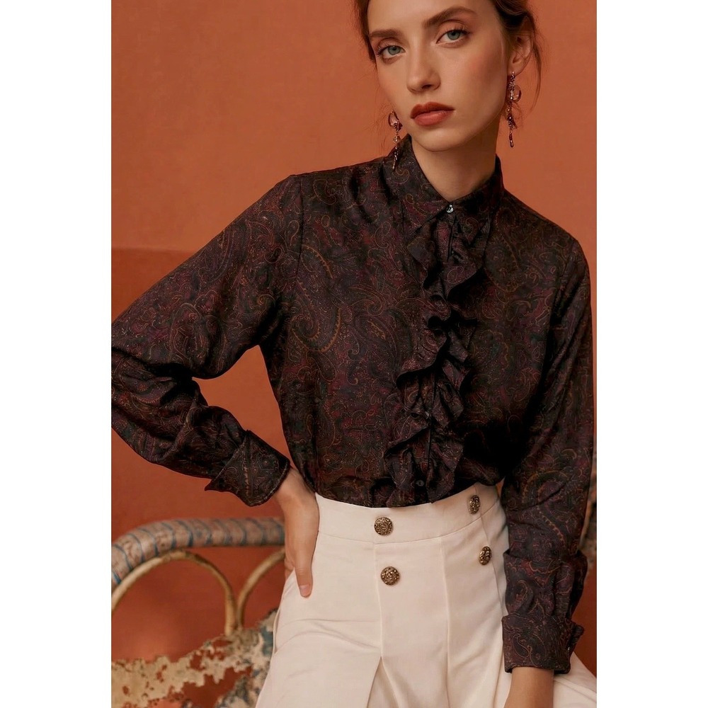 Lauren Ralph Lauren Silk Paisley Ruffle Blouse Oxfordshire Print French Cuff M